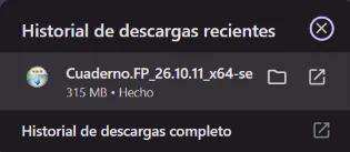 Historial de descargas del navegador con el instalador, 315 MB