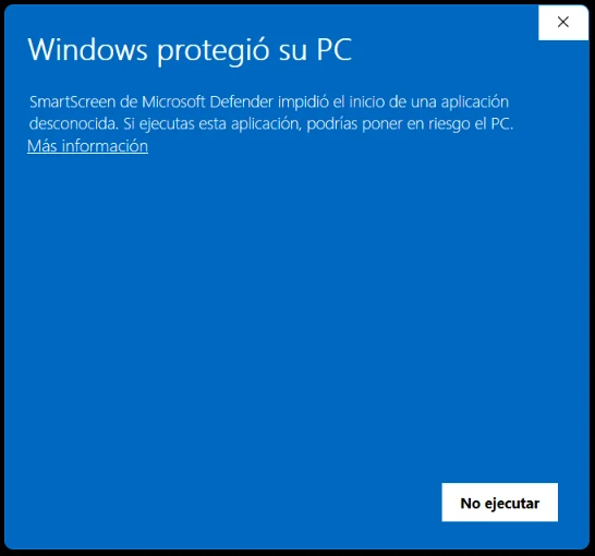 Aviso de Windows SmartScreen al abrir el instalador