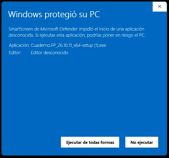 Aviso de SmartScreen desplegado: editor desconocido y botón «Ejecutar de todas formas»