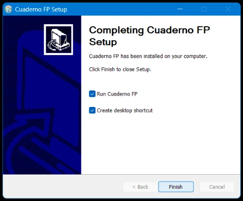 Última pantalla del instalador: ejecutar la aplicación y crear el acceso directo