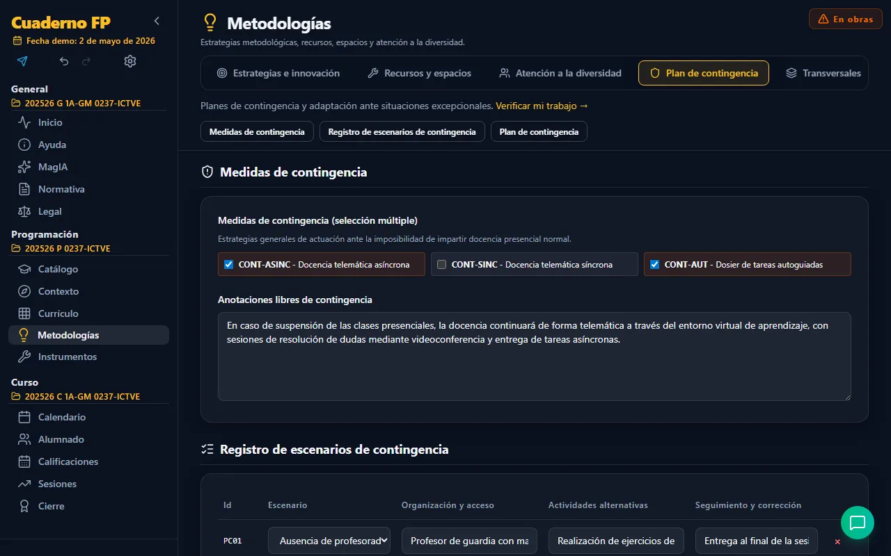Pestaña Plan de contingencia