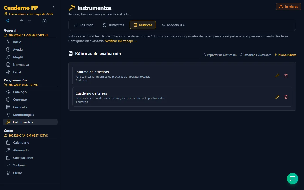 Pestaña Rúbricas de Instrumentos