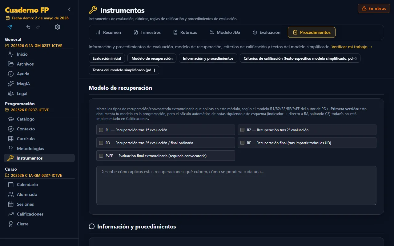 Pestaña Procedimientos de Instrumentos