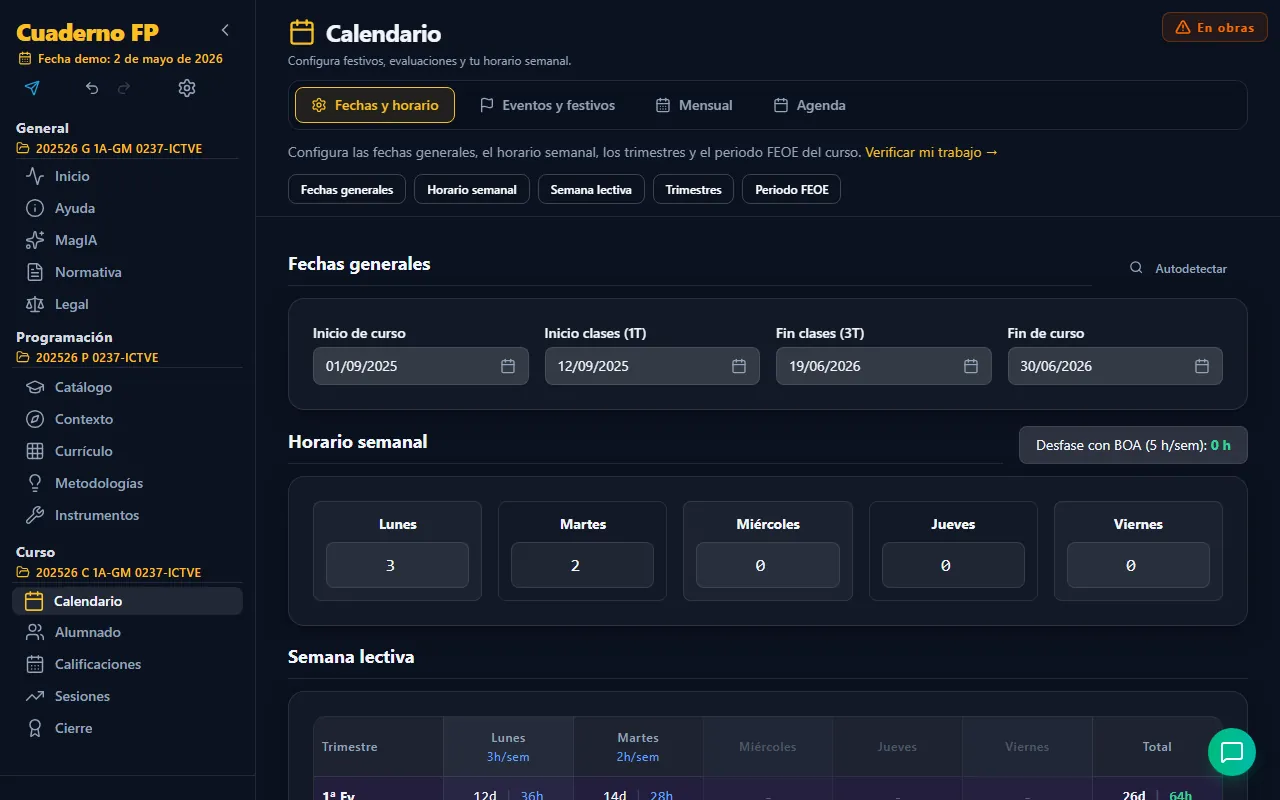 Pestaña Fechas y horario del calendario