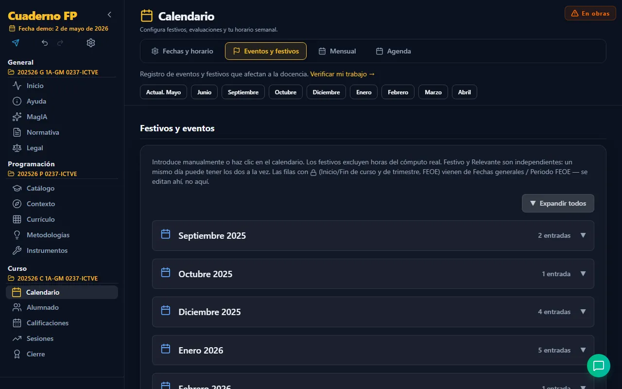 Pestaña Eventos y festivos