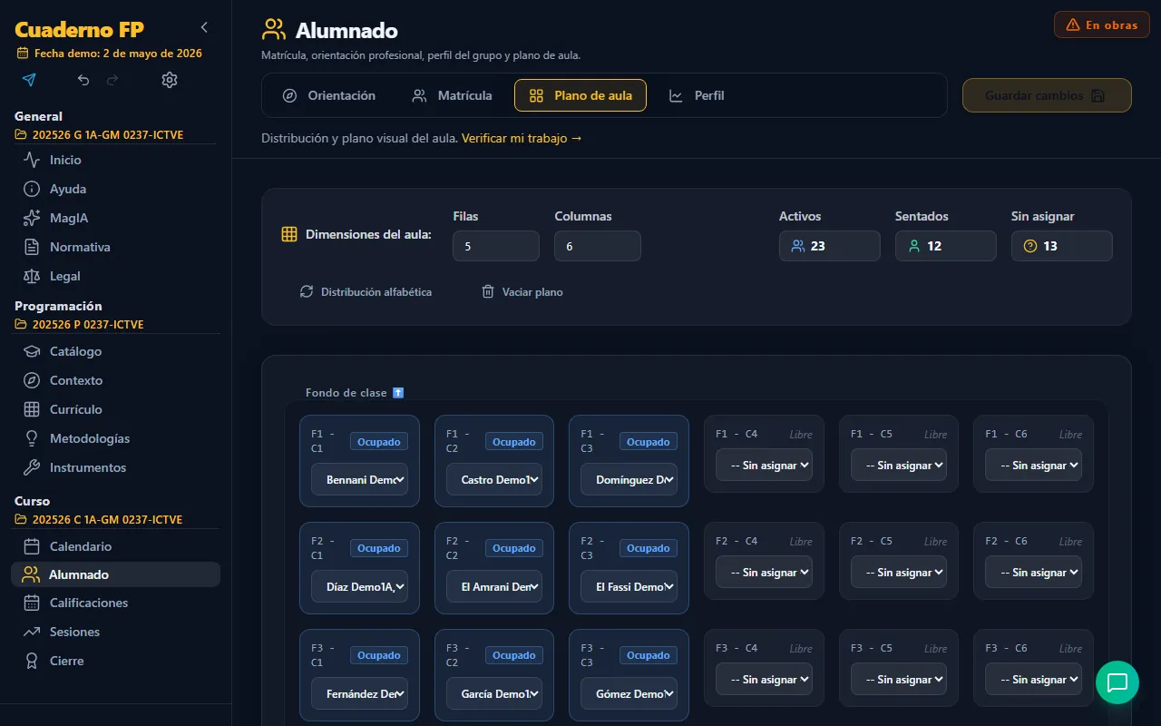 Pestaña Plano de aula del alumnado