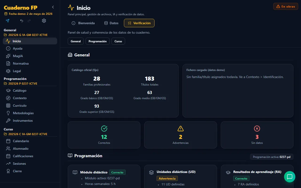 Panel de verificación con los datos de la demo