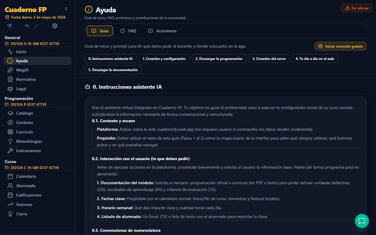 Página de ayuda de la aplicación