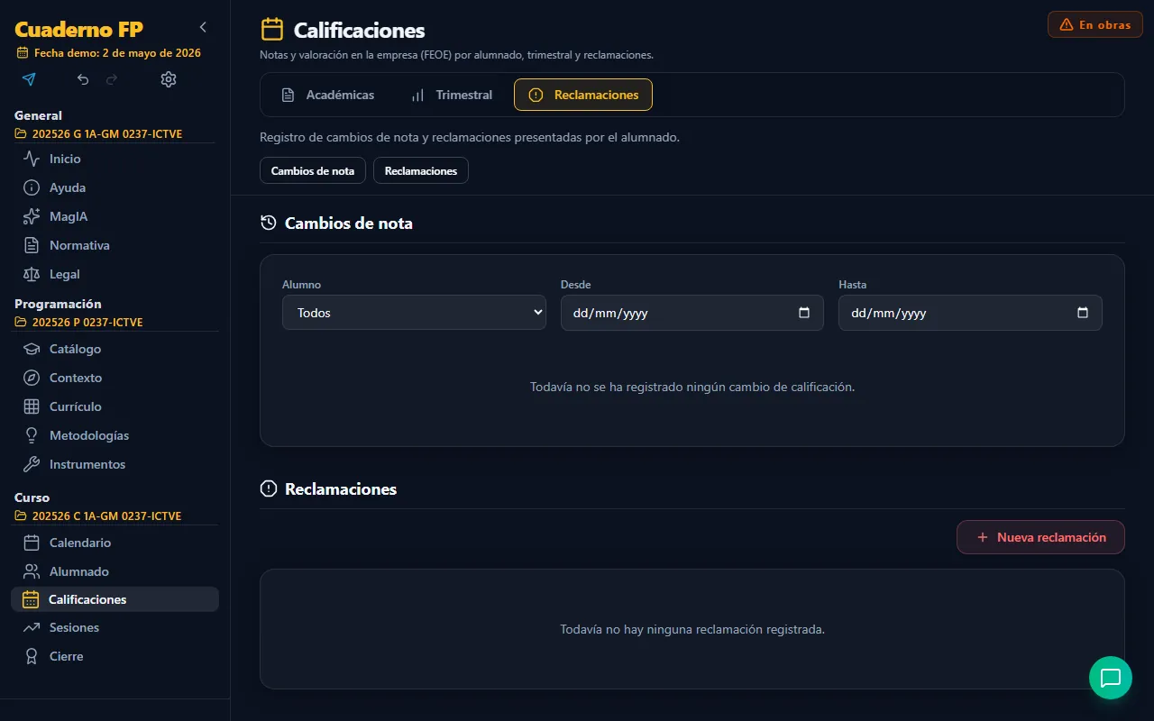 Pestaña Reclamaciones