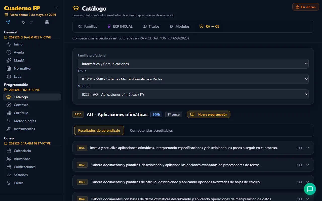 Pestaña RA → CE con los resultados de aprendizaje del módulo 0223