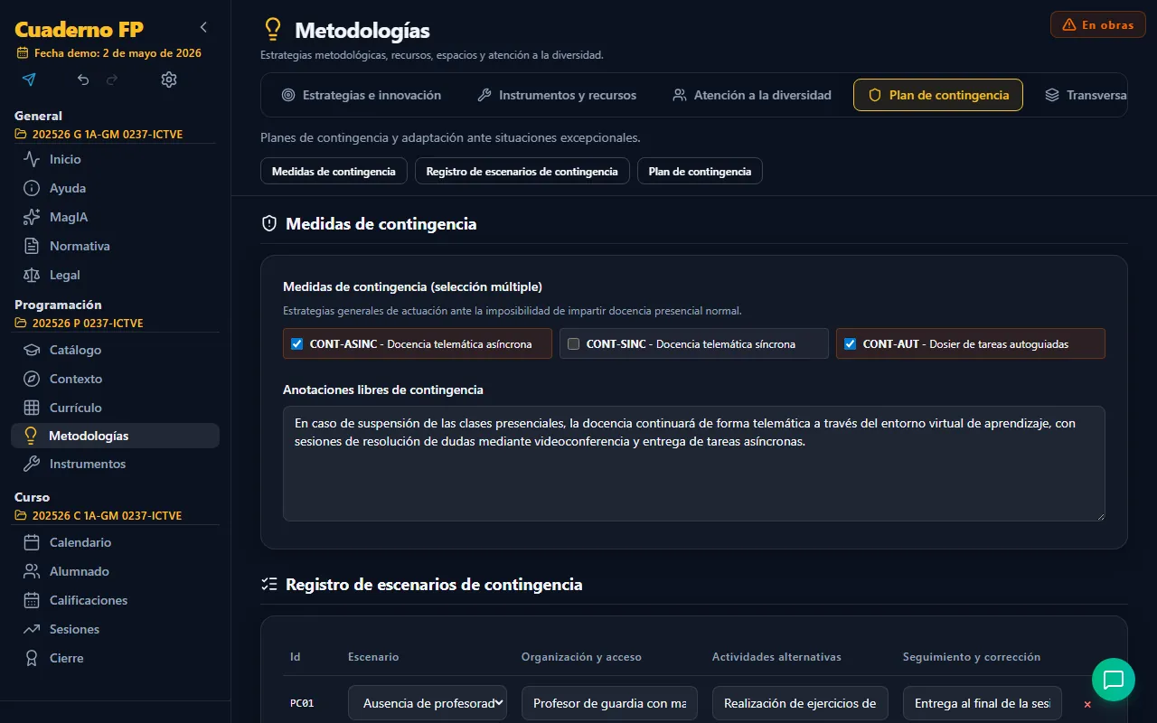Pestaña Plan de contingencia