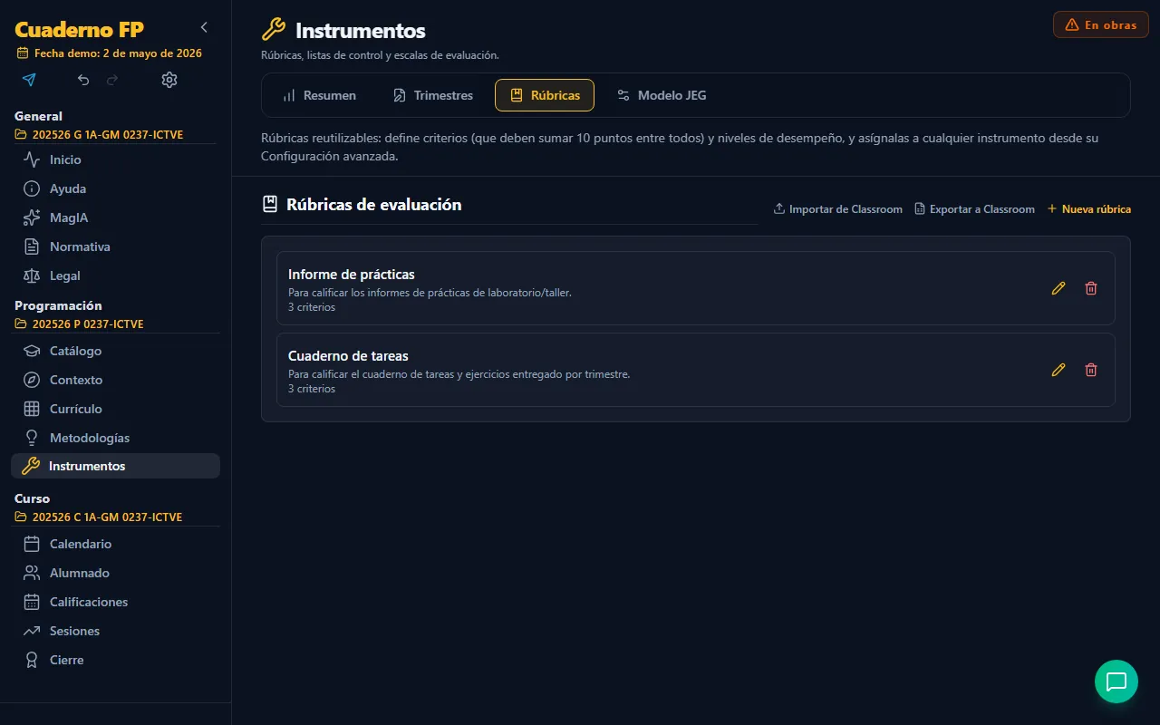 Pestaña Rúbricas de Instrumentos