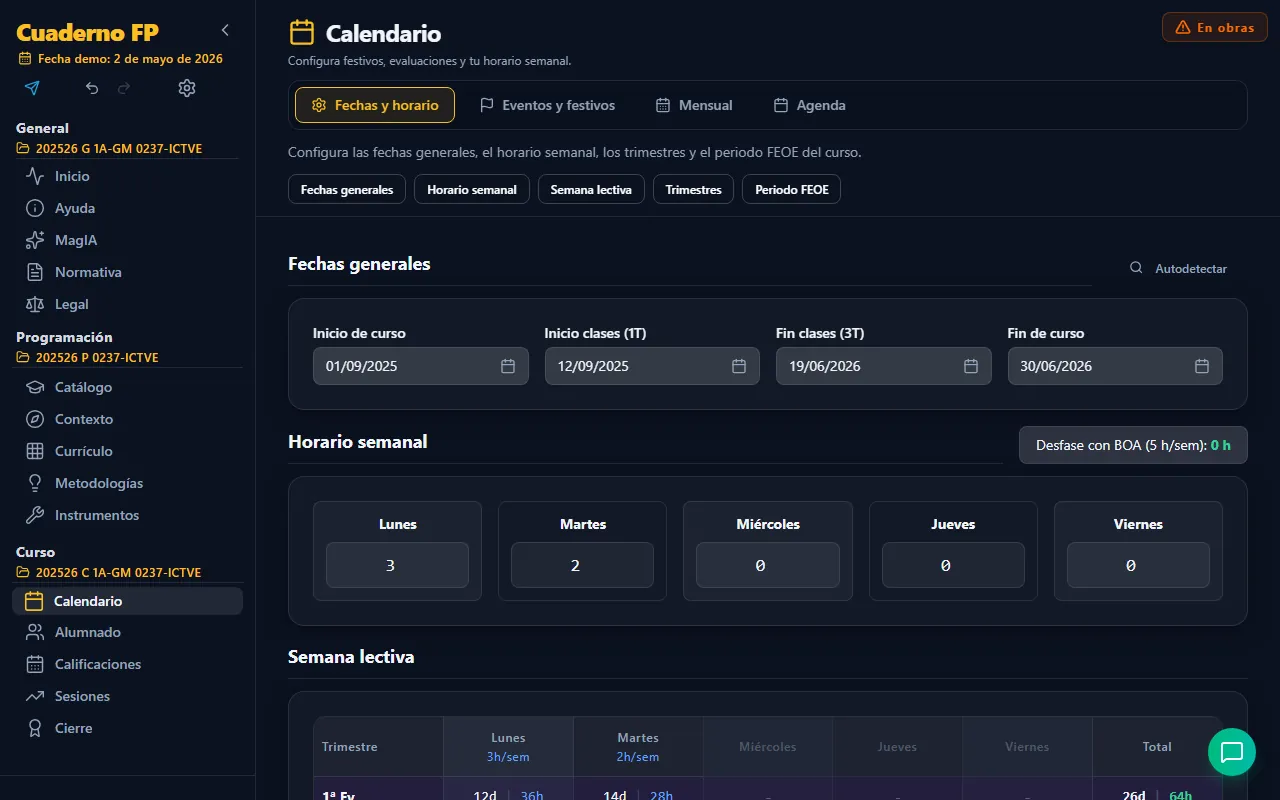 Pestaña Fechas y horario del calendario