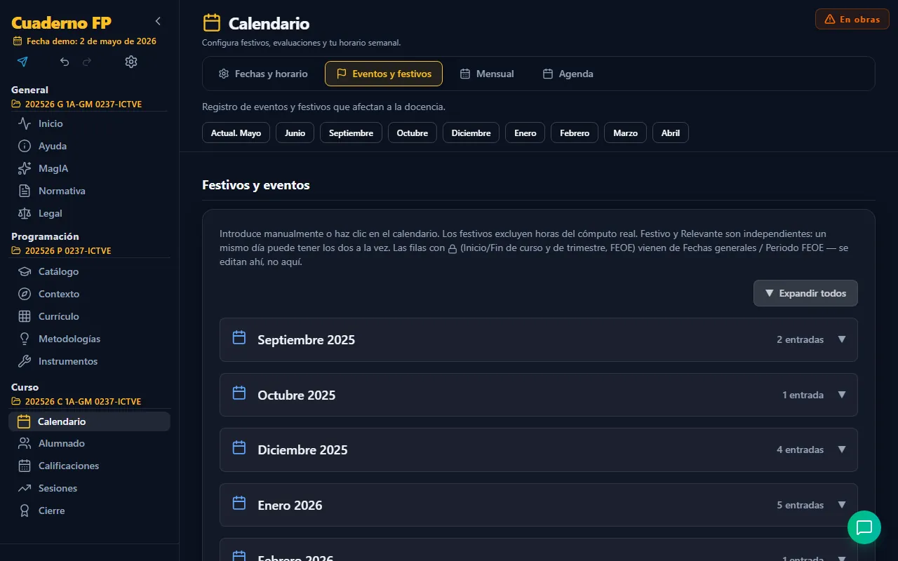 Pestaña Eventos y festivos
